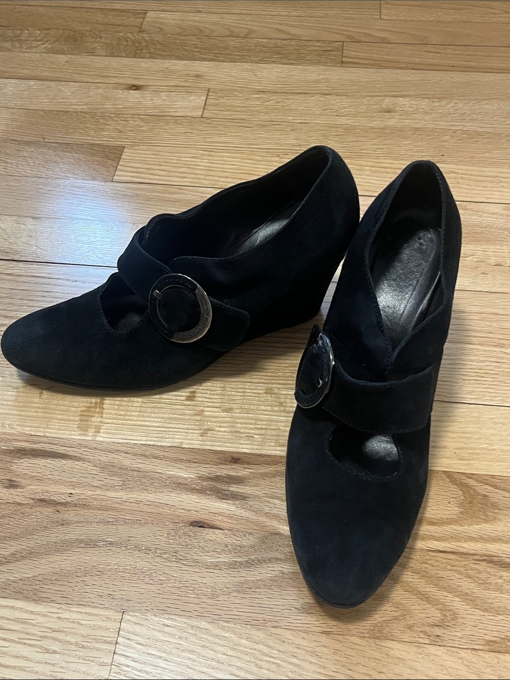 Black Suede Mary Jane Wedge Heels